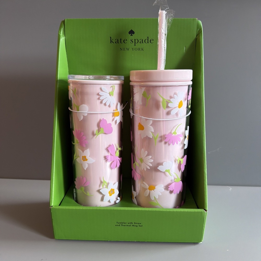 Kate Spade Tumbler & Thermal Mug Set "Floral Waltz" 20oz & 24 oz Pink NIB